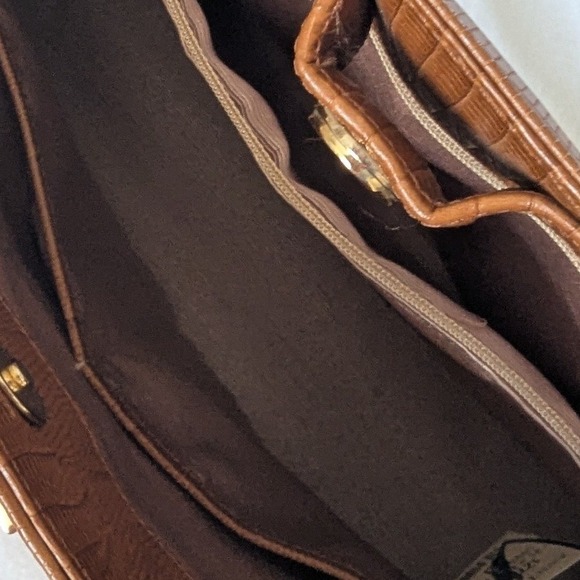 Vtg Ann Taylor Brown Cognac Embossed Leather Satchel Bag Structured Work Tote - Picture 8 of 11
